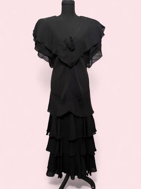 Vintage After Dark Black Layered Flutter Sleeve Dress Formal Special Occasion